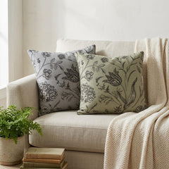 Gray Linen Throw Pillow Cover - Gray Botanical Sketch