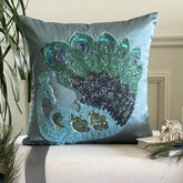 Dancing Peacock - Blue Art Silk Decorative Euro Sham