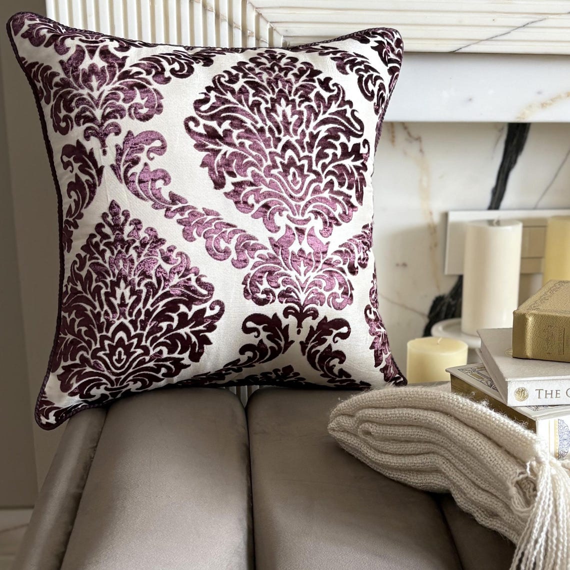 Wine Damask Throw Pillow Cover