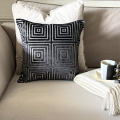 Charcoal Gray Velvet Lumbar Pillow Cover - Obsidian Grid Lumbar