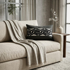 Black Linen Lumbar Pillow Cover - Black Labyrinth Lumbar