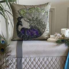 Silver Dancing Peacock - Silver Art Silk Decorative Euro Sham