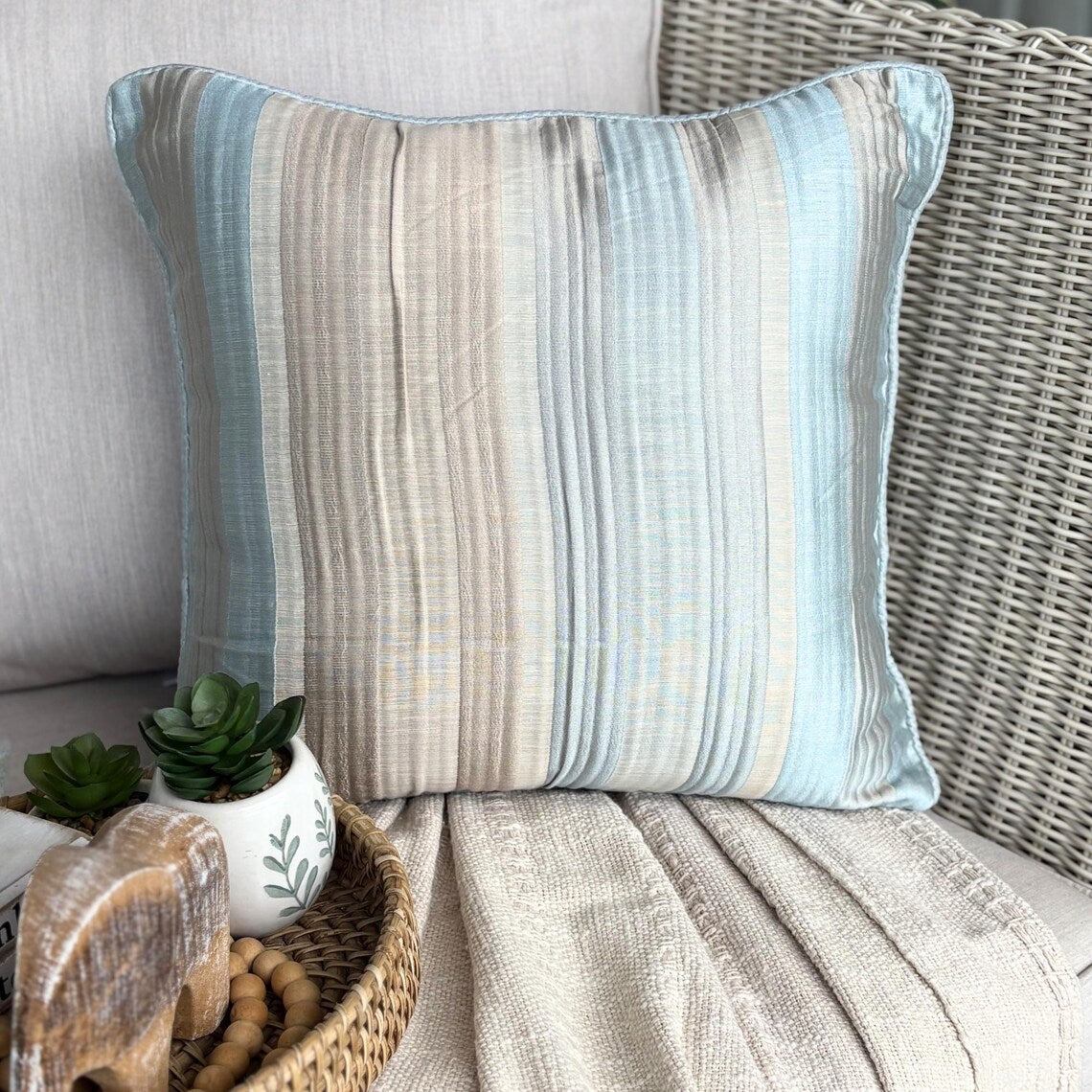Blue Jacquard Silk Throw Pillow Cover Aqua Martini