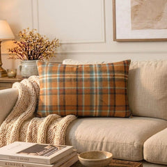 Plaidflow Orange - Orange Velvet Winter Plaid Lumbar Pillow Cover