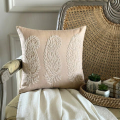 Linen Paisleys - Beige Cotton Linen Throw Pillow Cover