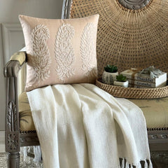 Linen Paisleys - Beige Cotton Linen Throw Pillow Cover