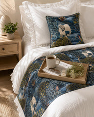 Velvet Blue Decorative Bed Runner and Pillow Cover - Midnight Menagerie