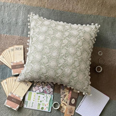 Crochet Rose - Pastel Green Cotton Linen Throw Pillow Cover