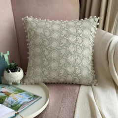 Crochet Rose - Pastel Green Cotton Linen Throw Pillow Cover