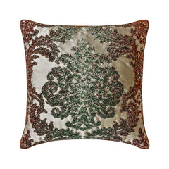 Jade Damask - Brown & Green Velvet Throw Pillow Cover
