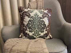 Jade Damask - Brown & Green Velvet Throw Pillow Cover