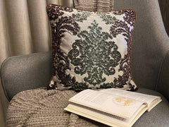 Jade Damask - Brown & Green Velvet Throw Pillow Cover