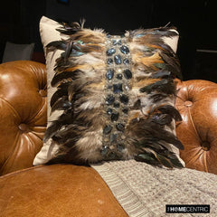 Crystallised Feathers - Beige Linen Throw Pillow Cover