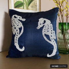 Navy Blue Sea Horse - Navy Blue Art Silk Throw Pillow Cover