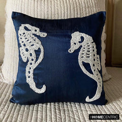 Navy Blue Sea Horse - Navy Blue Art Silk Throw Pillow Cover