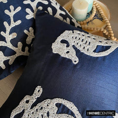 Navy Blue Sea Horse - Navy Blue Art Silk Throw Pillow Cover