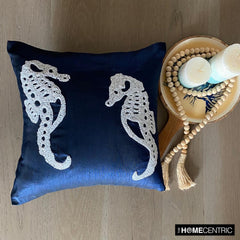 Navy Blue Sea Horse - Navy Blue Art Silk Throw Pillow Cover