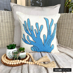 Coral Treasure - Aqua Blue Cotton Linen Throw Pillow Cover