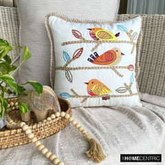 Feathered Whispers - Orange Cotton Throw Pillow Cover