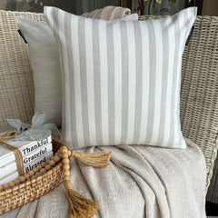 Beige Cotton Throw Pillow Cover - Stripe Plush Beige