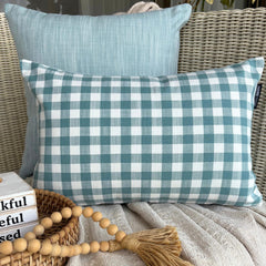 Aqua Cotton Lumbar Pillow Cover - Grid Loom Aqua