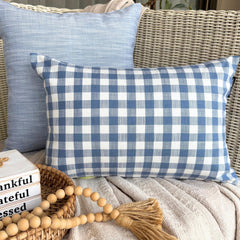 Blue Cotton Lumbar Pillow Cover - Grid Loom Blue