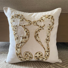 Sea Horse Kiss - Ivory & Gold Linen Throw Pillow Cover