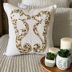 Sea Horse Kiss - Ivory & Gold Linen Throw Pillow Cover