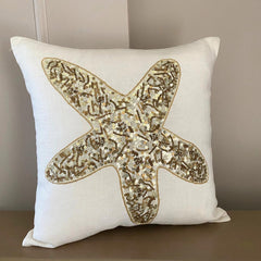 Starfish Party - Ivory Linen Throw Pillow Cover