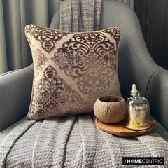Damask Spell Brown - Brown Velvet Throw Pillow Cover