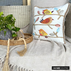Feathered Whispers - Orange Cotton Throw Pillow Cover