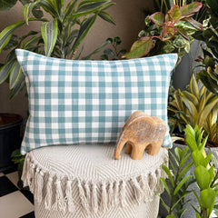 Aqua Cotton Lumbar Pillow Cover - Grid Loom Aqua