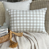 Beige Cotton Lumbar Pillow Cover - Grid Loom Beige