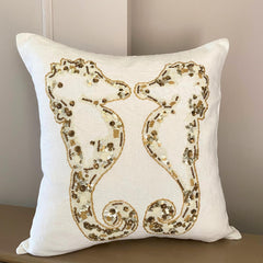 Sea Horse Kiss - Ivory & Gold Linen Throw Pillow Cover