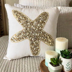 Starfish Party - Ivory Linen Throw Pillow Cover