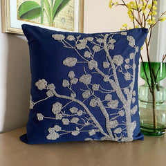 Silver Magnolia - Navy Blue Cotton Linen Throw Pillow Cover