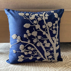 Silver Magnolia - Navy Blue Cotton Linen Throw Pillow Cover