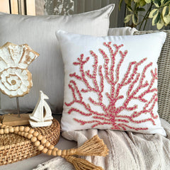 Coral Secrets - Red Cotton Linen Throw Pillow Cover