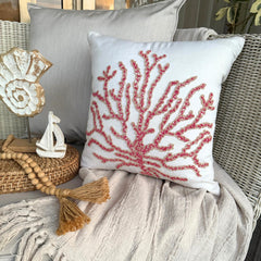 Coral Secrets - Red Cotton Linen Throw Pillow Cover