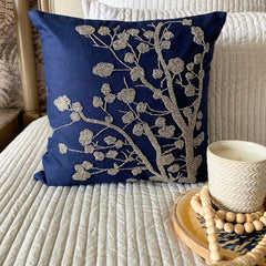 Silver Magnolia - Navy Blue Cotton Linen Throw Pillow Cover