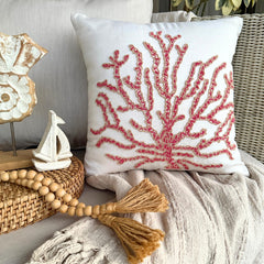 Coral Secrets - Red Cotton Linen Throw Pillow Cover