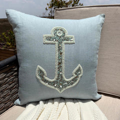 Lost Anchor - Dull Blue Linen Throw Pillow Cover