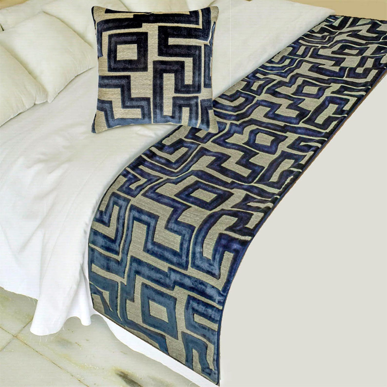 Routed Blue Decorative Bed Runner and Pillow Cover