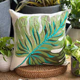 Monstera Leaf - Green Linen Throw Pillow Cover