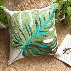 Monstera Leaf - Green Linen Throw Pillow Cover