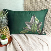 All About Leaves - Art Silk Dull Green Decorative Lumbar Pillow Cover