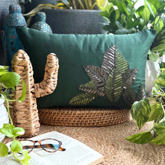 All About Leaves - Art Silk Dull Green Decorative Lumbar Pillow Cover