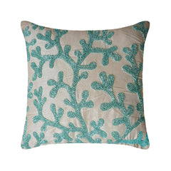 Sea Weeds - Aqua Blue & White Art Silk Throw Pillow Cover