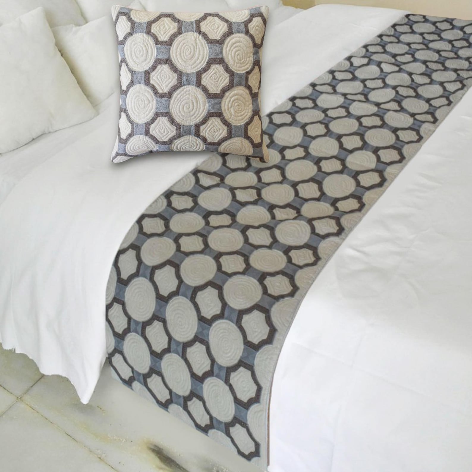 Stitched Symmetry Decorative Bed Runner and Pillow Cover