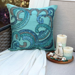 Tides - Aqua Blue Art Silk Throw Pillow Cover